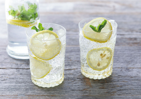 グラスに入っているレモンの炭酸水の写真