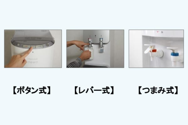 ミズコム編集部が撮影したボタン式 レバー式 つまみ式のウォーターサーバーの写真
